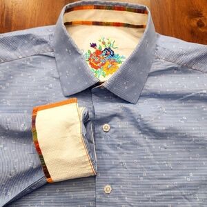 Robert Graham Men’s Shirt Blue XL Floral Allover Silk Embroidery XL Flip Cuffs